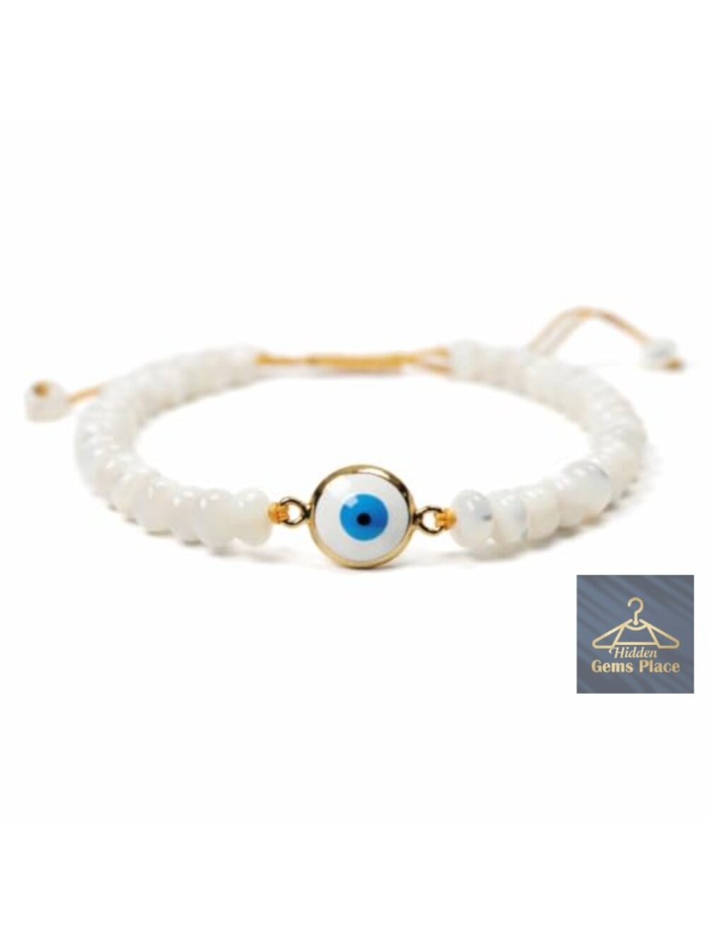 Handmade Evil Eye Bracelet – White Mother of Pearl Beads with Gold-Plated Charm